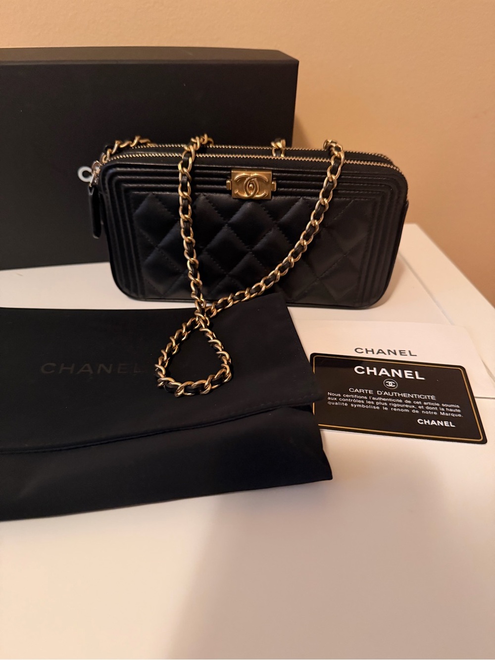 CHANEL Black Quilted Leather Chain Crossbody with Gold Hardware